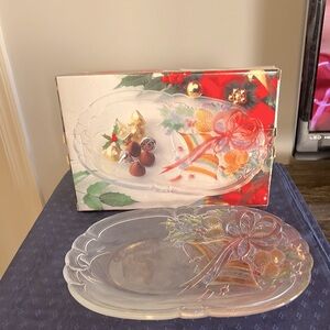 Mikasa Festive Bells Oblong Glass Platter 10”x6” Holiday Christmas Candy Dish